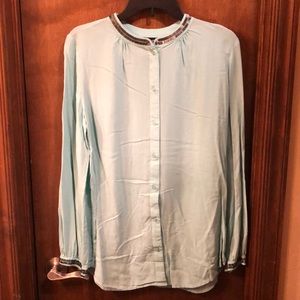 2/$20 Beautiful aqua top with beaded neck & cuffs